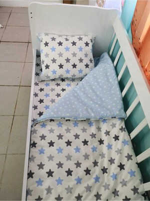 Bebek Özel %100 Pamuk Bebek Çocuk Yastık Çarşaf Yorgan Seti Mavi Büyük Yıldızlı 60 x 120 cm