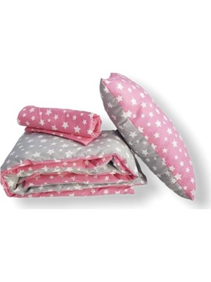 Bebek Özel %100 Pamuk Bebek/çocuk Yastık Çarşaf Yorgan Seti Pembe/gri Yıldızlı 70 x 110 cm