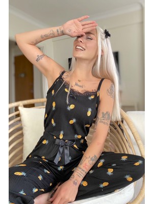 Pijama Evi Ananas Baskılı Dantelli Ip Askılı Örme Kadın Pijama Takımı