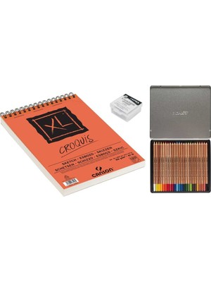 Canson Croquis A4 Eskiz Defteri 90 Gram + Lyra Metal Kutu Renkli Çizim Seti 24'lü + Lyra Hamur Silgi