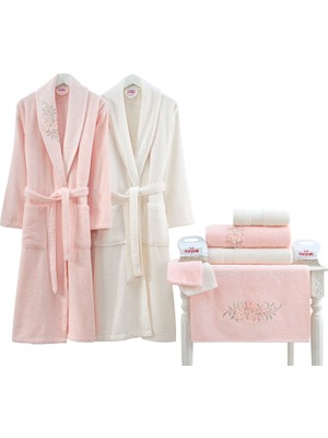Nurpak Begonvil Nakışlı Aile Bornoz Seti 10 Parça Krem-Pudra