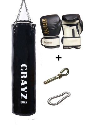 Crazy Orta Boy Dolu Boks Kum Torbası 100cm x 30cm + Boks Eldiven Seti + Askı Aparatı