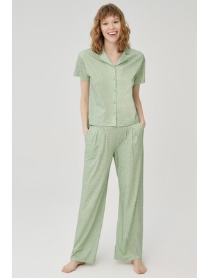Dagi Kadın Yeşil Pamuklu Puantiye Gömlek Pijama Takımı