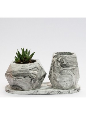 Geometrik Beton Saksı ve Kalemlik Seti - Siyah