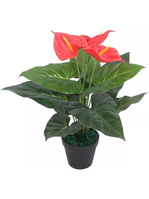 Nettenevime Yapay Çiçek Antoryum Plastik Antrasit Saksılı Yapay Bitki Salon Çiçeği Kırmızı