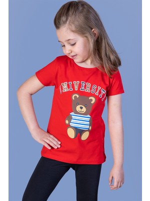 Toontoy Kids Toontoy Kız Çocuk Ayıcık ve Yazı Baskılı Taş Işlemeli Tişört