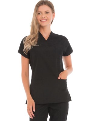 Vehbi Kadın Doktor Hemşire Forması Scrubs Likralı Esnek Kumaş Hastane Nöbet Tek Üst (Zarf Yaka Yarasa Kol)