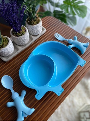 Bayev Mavi Fil Mama Seti 3 Parça Çatal Kaşık ve Tabağıyla Ergonomik Tasarım