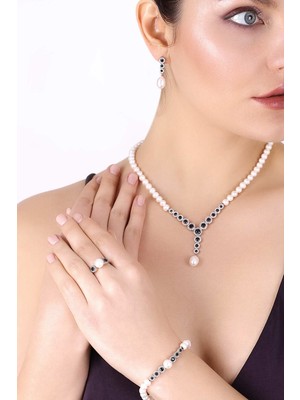 Mlini Oniks Taşlı Incili Gümüş Set
