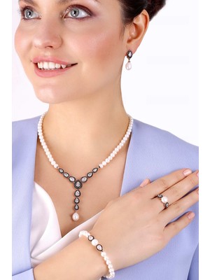 Mlini Bayan Damla Elmas Model Incili Gümüş Set