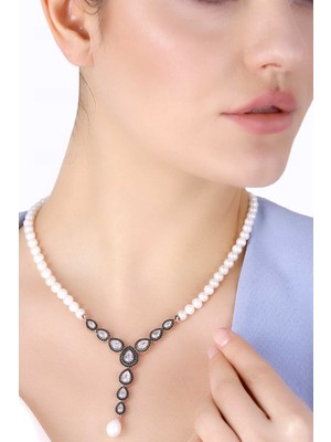 Mlini Bayan Damla Elmas Model Incili Gümüş Set