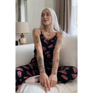 Pijama Evi Karpuz Baskılı Dantelli Ip Askılı Örme Kadın Pijama Takımı