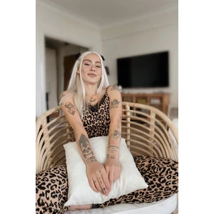 Pijama Evi Kahve Leopar Dantelli Ip Askılı Örme Kadın Pijama Takımı