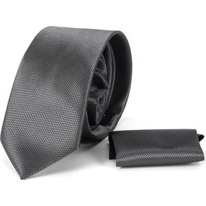 7 cm Gri Kendinden Desenli Mendilli Klasik Kravat