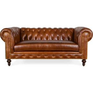 Hanel Mobilya Klasik Chesterfield Chester Kanepe 2 Kişilik Kahve Suni Deri