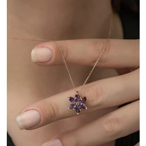 Rose Altın Kaplama Mor Taşlı Lotus Çiçeği Kadın Kolye