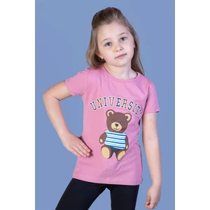 Toontoy Kids Toontoy Kız Çocuk Ayıcık ve Yazı Baskılı Taş Işlemeli Tişört