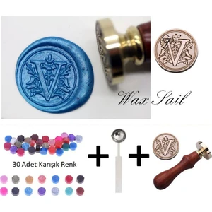 Retro Mektup Mühürü Damga V Harfi + 30 Adet Mühür Mumu + Eritme Kaşığı