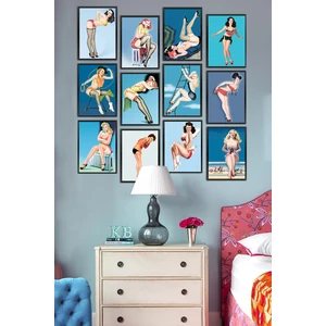Biz Dijital 12 Parça Çerçeve Görünümlü Mdf Tablo Seti/vintage Pin Up Kızları