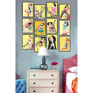 Biz Dijital 12 Parça Çerçeve Görünümlü Mdf Tablo Seti/vintage Pin Up Kızları Nostaljik Tablolar