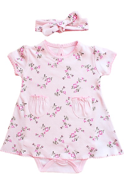 Eda Baby Pembe Renk Üzeri Çiçek Desenli Zıbınlı Elbise Seti
