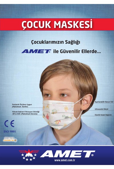 Üç Katlı Filtreli Lastikli Burun Telli Ultrasonik Dikişli Desenli Çocuk Maskesi 50 Adet