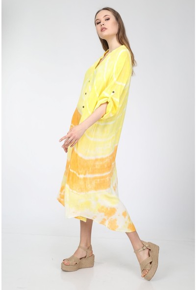Luisido Batik Desenli Katlanabilir Kol Gömlek Elbise