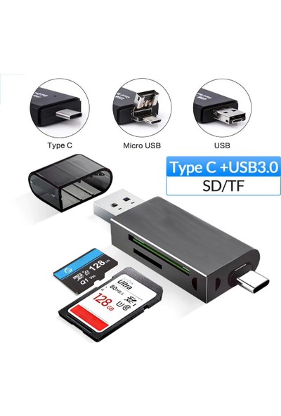 Exeo USB 3.0 Type-C Mikro USB Sd Tf Otg Hafıza Kart Okuyucu