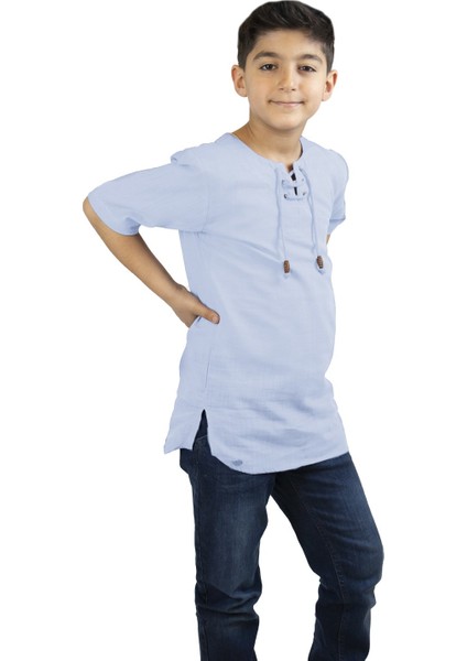 Kısa Kol Şile Bezi Zımbalı Erkek Çocuk T-Shirt Buz Mavi