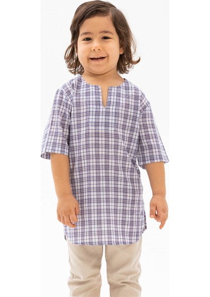 Kısa Kol Şile Bezi Bisiklet Yaka Erkek Çocuk T-Shirt Mor Kareli
