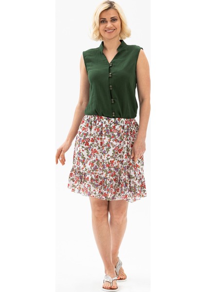Buse Vual Kısa Yazlık Etek Tomurcuk Desen Beyaz 6165