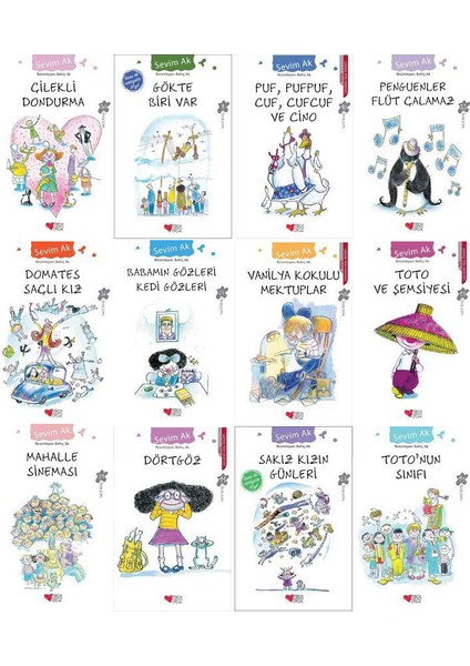 Sevim Ak 12 Kitap Set - Çilekli Dondurma - Gökte Biri Var - Puf, Pufpuf - Penguenler Flüt Çalamaz - Domates Saçlı Kız - Babamın Gözleri Kedi Gözleri - Vanilya Kokulu Mektuplar - Sakız Kızın Günleri