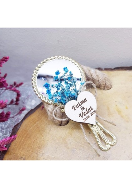 30 Adet 2021 Model Ahşap Isimli Kuru Çiçekli Metal Ayna Nikah Şekeri