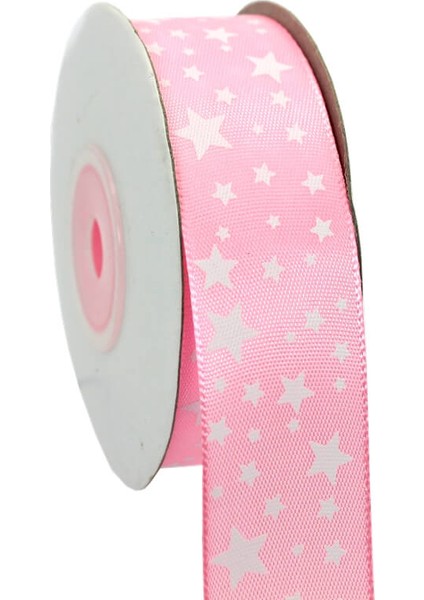 Saten Kurdele, Yıldız Baskılı, 2,50 cm x 23 mt - PEMBE