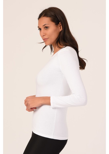Yuvarlak Yaka Uzun Kollu Viskon Beyaz Body fiyatları