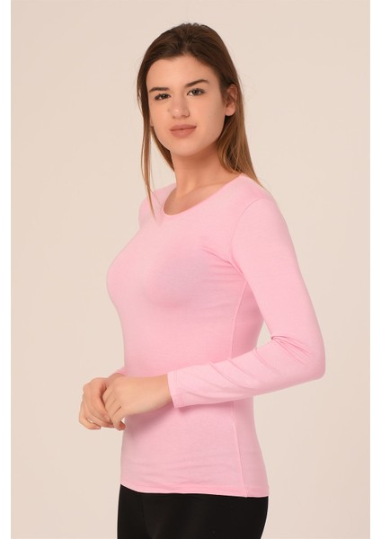 Yuvarlak Yaka Uzun Kollu Viskon Pembe Body