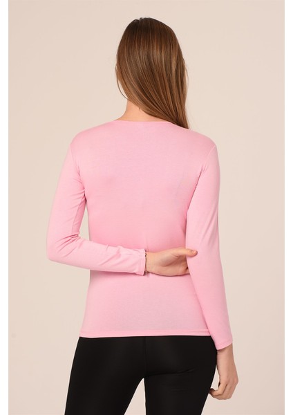 Yuvarlak Yaka Uzun Kollu Viskon Pembe Body modelleri