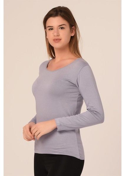 Yuvarlak Yaka Uzun Kollu Viskon Gri Body