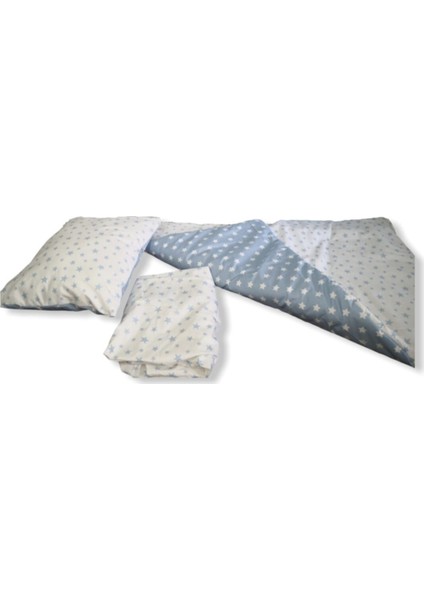 %100 Pamuk Bebek Yastık Çarşaf Yorgan Seti Mavi Beyaz Yıldızlı 60 x 120 cm cm