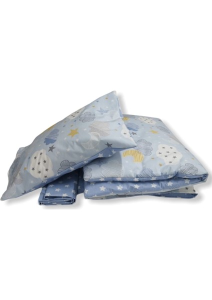 %100 Pamuk Bebek/çocuk Yastık Çarşaf Yorgan Seti Mavi Ay Yıldızlı Desenli 60 x 120 cm