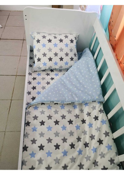 %100 Pamuk Bebek Çocuk Yastık Çarşaf Yorgan Seti Mavi Büyük Yıldızlı 60 x 120 cm