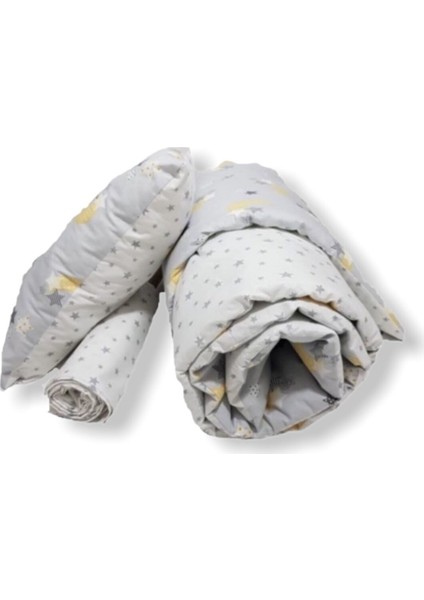 %100 Pamuk Bebek/çocuk Yastık Çarşaf Yorgan Seti Gri Ay Yıldızlı 70 x 110 cm