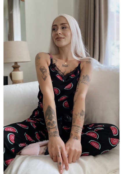 Karpuz Baskılı Dantelli Ip Askılı Örme Kadın Pijama Takımı