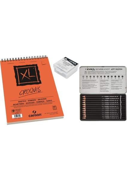 Croquis A5 Eskiz Defteri 90 Gram + Lyra Metal Kutu Çizim Seti 12'li + Lyra Hamur Silgi