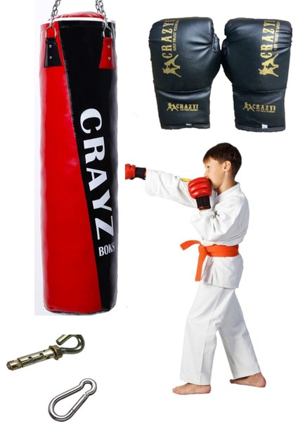 Çocuk Dolu Boks Kum Torbası 70cm x 25cm + Çocuk Boks Eldiven Seti + Askı Aparatı