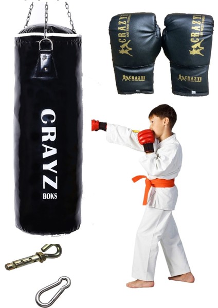 Çocuk Dolu Boks Kum Torbası 70cm x 25cm + Çocuk Boks Eldiven Seti + Askı Aparatı