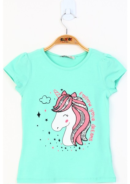 Toontoy Kız Çocuk Unicorn Baskılı Pul Işlemeli Tişört