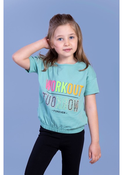 Toontoy Kız Çocuk Workout Baskılı Taş Işlemeli Tişört