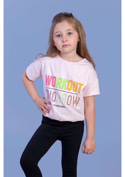 Toontoy Kız Çocuk Workout Baskılı Taş Işlemeli Tişört