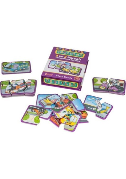 Eğitici Öğretici 2 ve 3 Parçalı Puzzle Taşıtları Tamamlama ve Tanıma Öğrenme Kartları